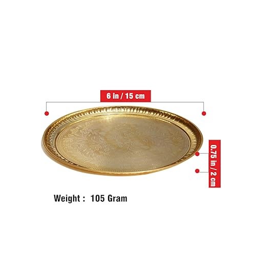 Pure Source India Handmade Flower Embossed Design Brass Puja Thali, Meenakari Pital Aarti Plate Used for Hindu Rituals Like Pooja, Karwa Chauth, Rakhi, Diwali, Return Gift Items (6 inches) - Image 3