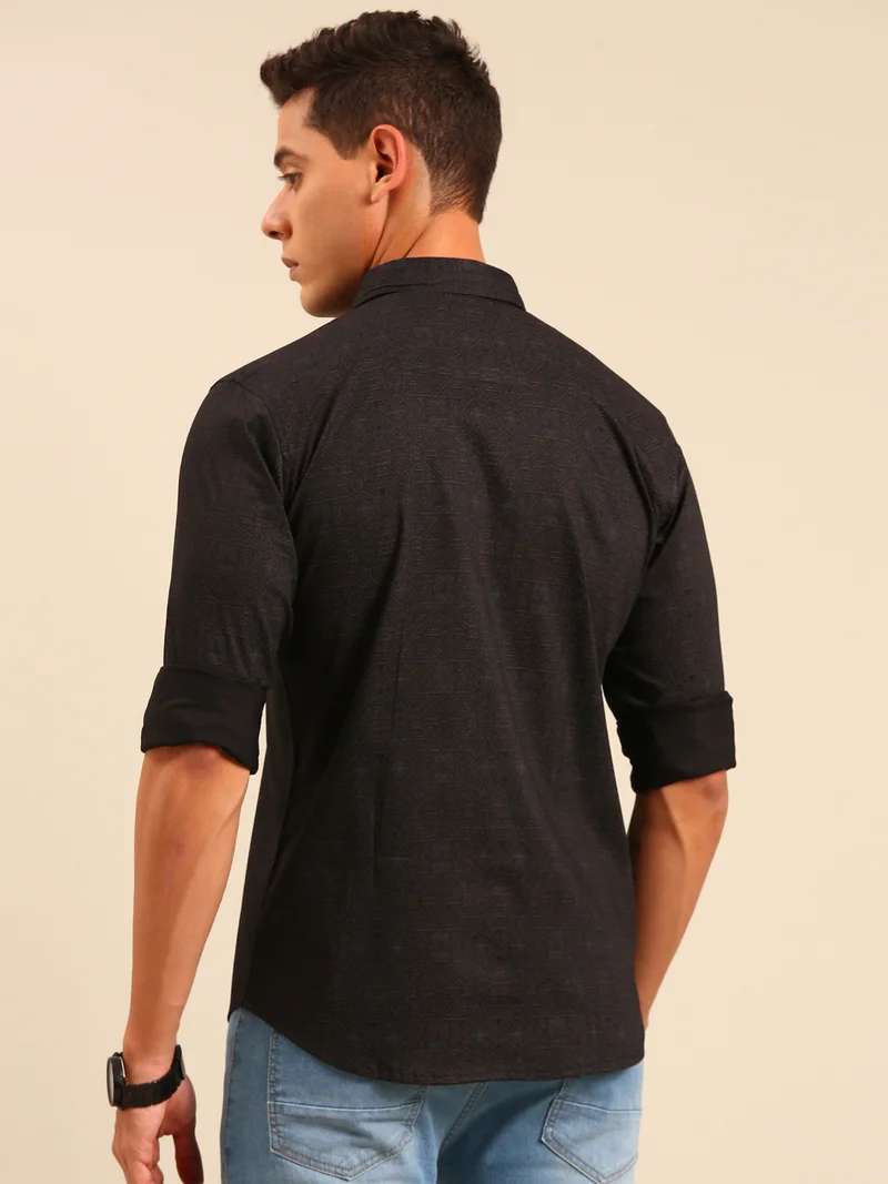 Joven Black Printed Cotton Lycra Full Sleeve Shirt for Men
