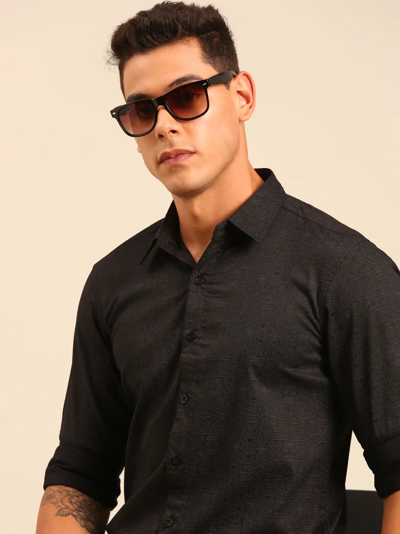 Joven Black Printed Cotton Lycra Full Sleeve Shirt for Men