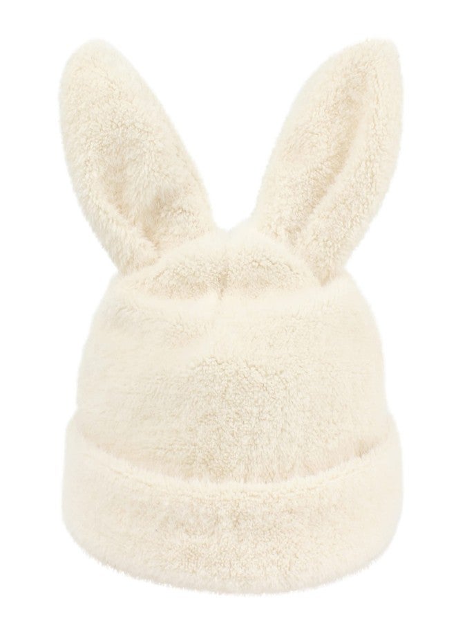 ايسي قبعة شتوية ناعمة من القطيفة للنساء والفتيات، قبعة لطيفة بأذني أرنب، قبعة دافئة على شكل جمجمة أرنب، قبعة تزلج بيضاء مرحة - Image 1
