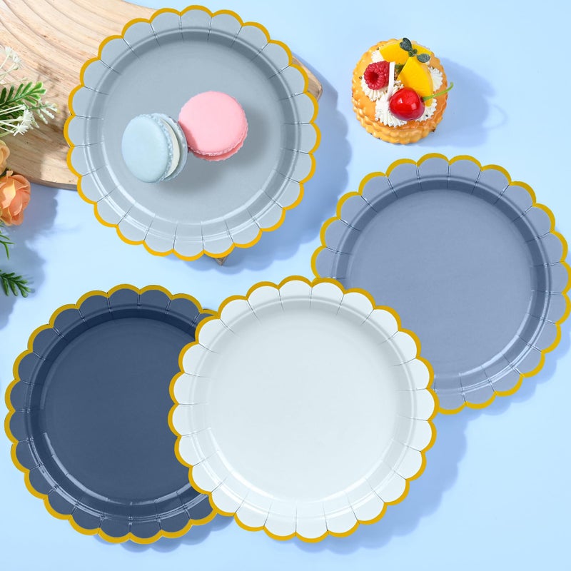 AimFun Dusty Blue Paper Plates Gradient Color Disposable Dessert Party Plates 7inch Gold Foil Scalloped Plate for Christmas Bridal Baby Shower Wedding Tea Party Supplies (24, Dusty Blue) - Image 4