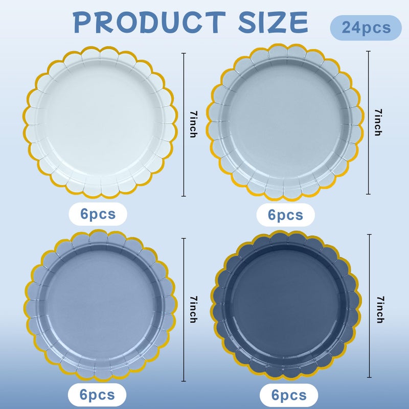 AimFun Dusty Blue Paper Plates Gradient Color Disposable Dessert Party Plates 7inch Gold Foil Scalloped Plate for Christmas Bridal Baby Shower Wedding Tea Party Supplies (24, Dusty Blue) - Image 2