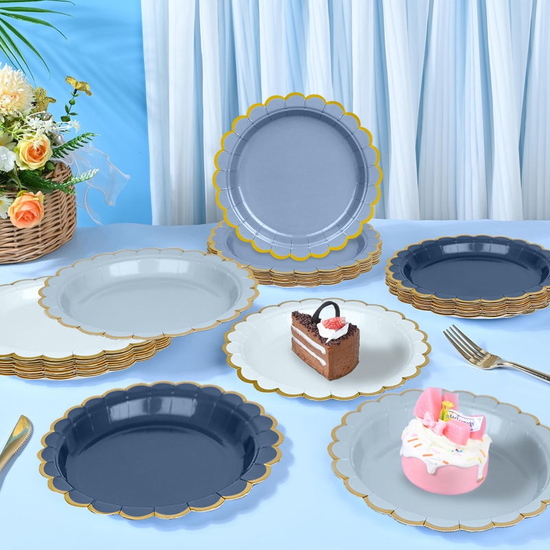 AimFun Dusty Blue Paper Plates Gradient Color Disposable Dessert Party Plates 7inch Gold Foil Scalloped Plate for Christmas Bridal Baby Shower Wedding Tea Party Supplies (24, Dusty Blue) - Image 5