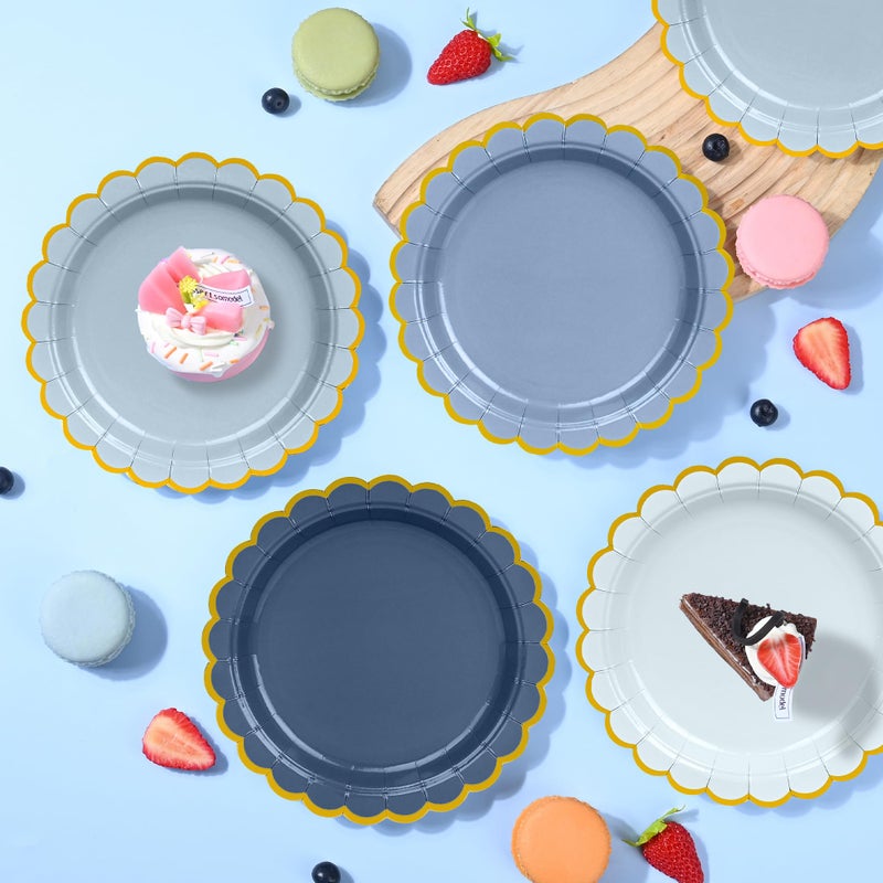 AimFun Dusty Blue Paper Plates Gradient Color Disposable Dessert Party Plates 7inch Gold Foil Scalloped Plate for Christmas Bridal Baby Shower Wedding Tea Party Supplies (24, Dusty Blue) - Image 3
