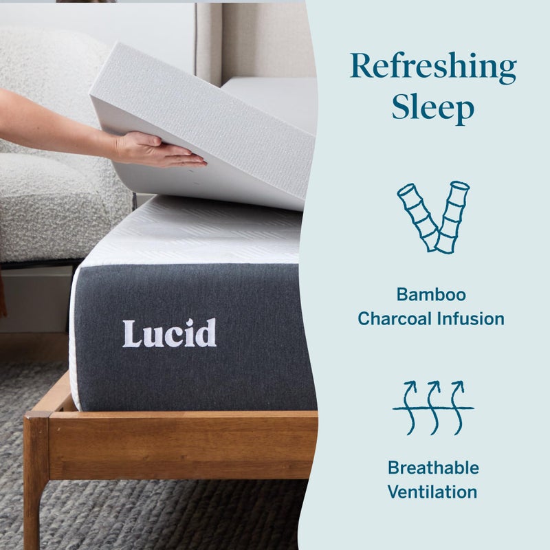 Lucid 4 Inch Bamboo Charcoal Infused Memory Foam Mattress Topper - Queen Size â€“ Moisture and Odor Control - Ventilated - Ultra Plush Feel, Pressure-Relief Bed Topper â€“ CertiPur Certified - Image 2