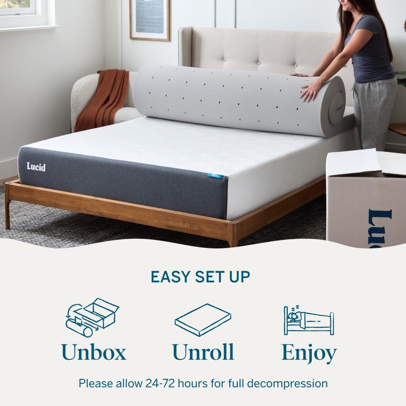Lucid 4 Inch Bamboo Charcoal Infused Memory Foam Mattress Topper - Queen Size â€“ Moisture and Odor Control - Ventilated - Ultra Plush Feel, Pressure-Relief Bed Topper â€“ CertiPur Certified - Image 5