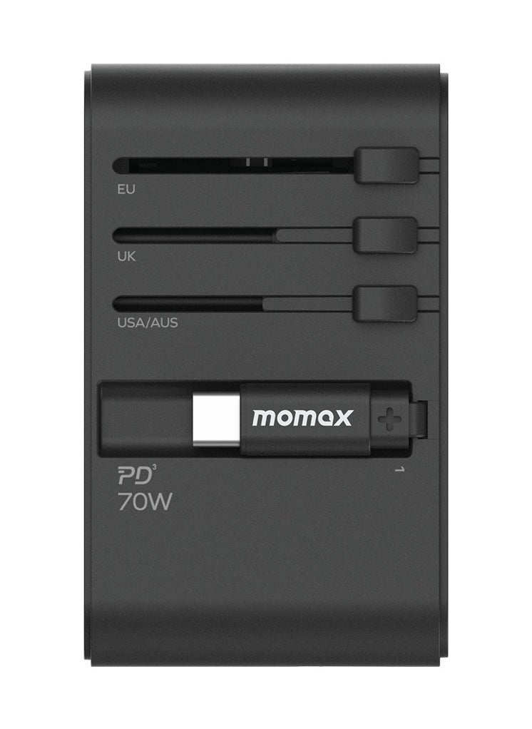 Momax Momax UA18 1-World 70W GaN 3 Ports + Multi Plug Travel Adapter Multi Volt 100-250V USB-C / USB-A with Built-in Retractable USB-C Cable - Black  - Image 2