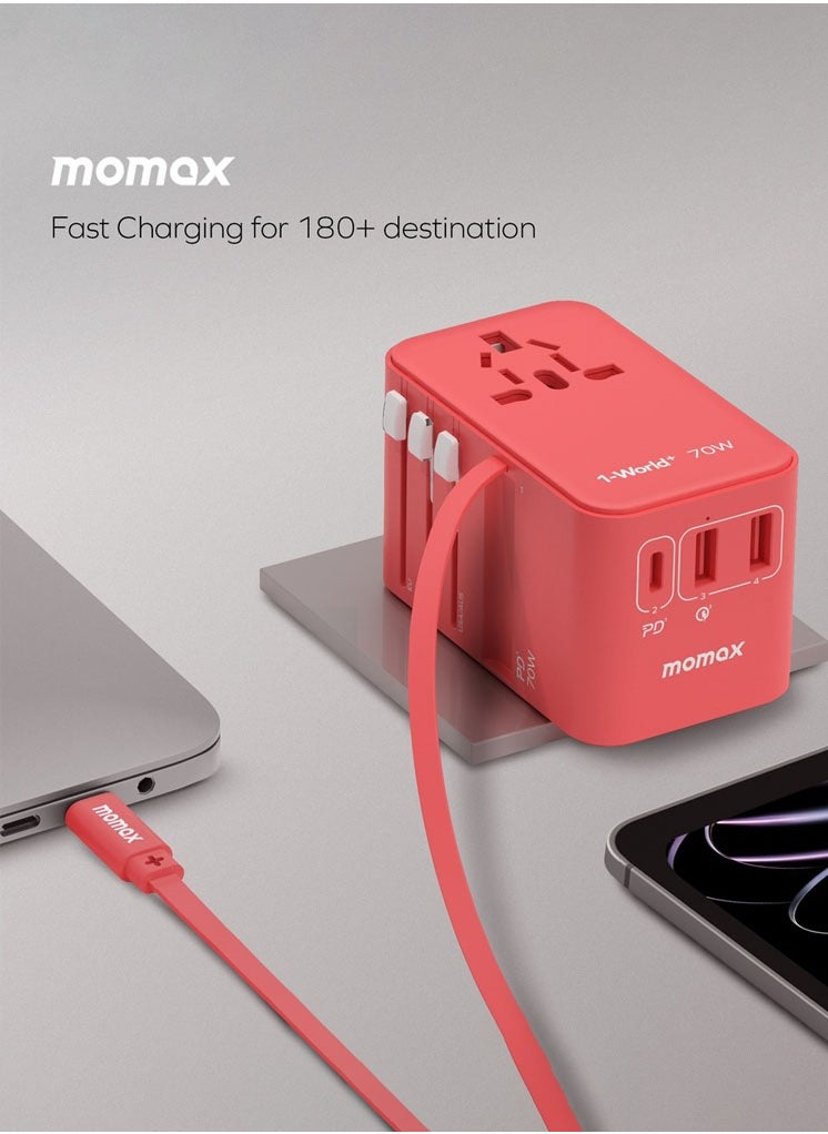 Momax Momax UA18 1-World 70W GaN 3 Ports + Multi Plug Travel Adapter Multi Volt 100-250V USB-C / USB-A with Built-in Retractable USB-C Cable - Black  - Image 5