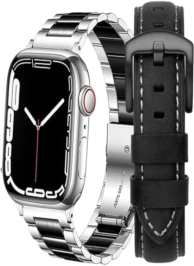 Next Next Store 2 Pack Stainless Steel Metal Watch Band with Soft Leather Strap Unique Design Compatible with iWatch Series 1/2/3/4/5/6/7/8/9SE Ultra/Ultra2 42mm 44mm 45mm 49mm 