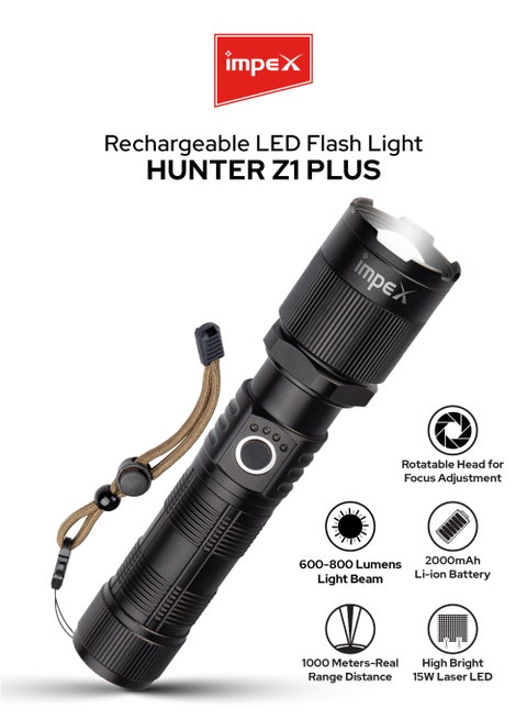 Rechargeable Zoomable Flashlight, 15W Laser LED , 800 Lumens, 2000mAh Battery, Range 1000 M, Focus adjust Head, , Type-C Charging, 2 Years Warranty – Hunter Z1 Plus