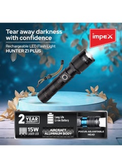 Impex Rechargeable Flashlight,15 Laser LED Torch 800 Lumens, Aircraft Non-Corrosive Aluminum Body, Adjustable Focus,2000mAh Battery, Type-C Charging Port,2 Years Warranty-Hunter Z1 Plus  - Image 2