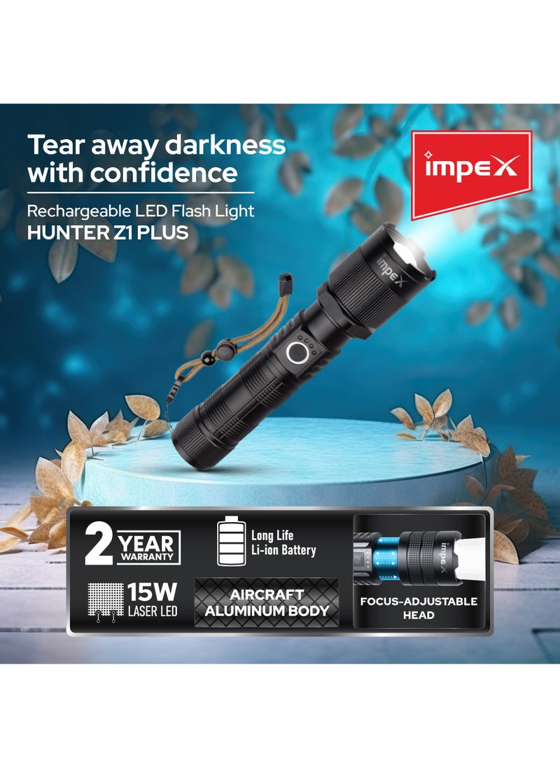 Impex - Rechargeable Flashlight,15 Laser LED Torch 800 Lumens, Aircraft Non-Corrosive Aluminum Body, Adjustable Focus,2000mAh Battery, Type-C Charging Port,2 Years Warranty-Hunter Z1 Plus - Image 1