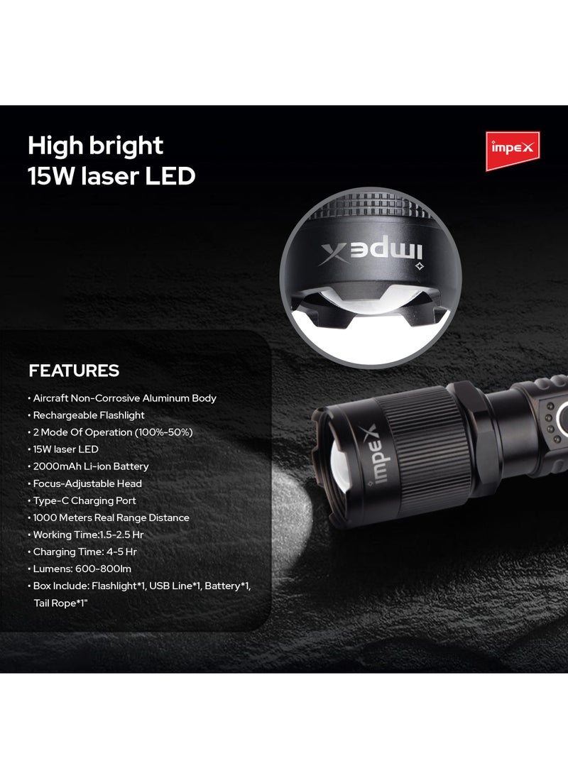 Impex - Rechargeable Flashlight,15 Laser LED Torch 800 Lumens, Aircraft Non-Corrosive Aluminum Body, Adjustable Focus,2000mAh Battery, Type-C Charging Port,2 Years Warranty-Hunter Z1 Plus - Image 1
