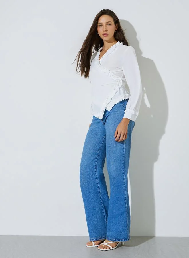 ستايلي White Solid Tie-Up Ruffled Wrap Blouse