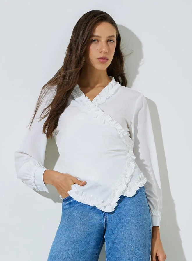 ستايلي White Solid Tie-Up Ruffled Wrap Blouse