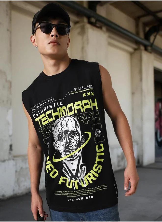 Hubberholme Men's Black 100% Cotton Printed Oversized T-Shirt