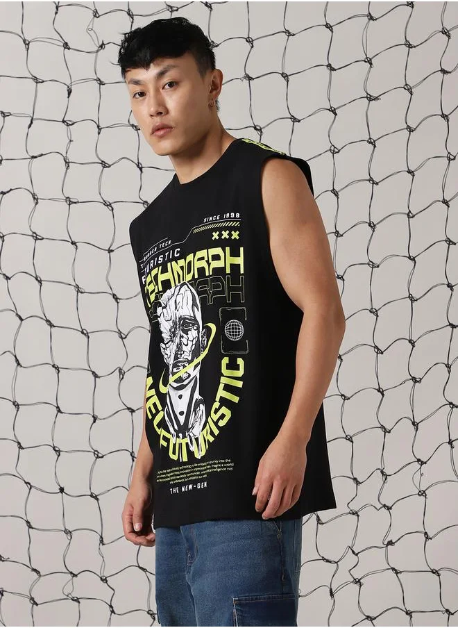 Hubberholme Men's Black 100% Cotton Printed Oversized T-Shirt