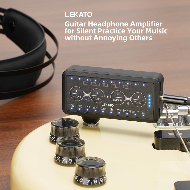 LEKATO Micro Guitar Headphone Amp Bass Guitar Headphone Amplifier with Multi Effects - Amp Models, IR Loading, Tuner, Rechargeable Electric Headphone Amplifier Delay Reverb Chorus Overdrive Portable - Image 2
