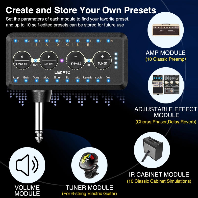 LEKATO Micro Guitar Headphone Amp Bass Guitar Headphone Amplifier with Multi Effects - Amp Models, IR Loading, Tuner, Rechargeable Electric Headphone Amplifier Delay Reverb Chorus Overdrive Portable - Image 4