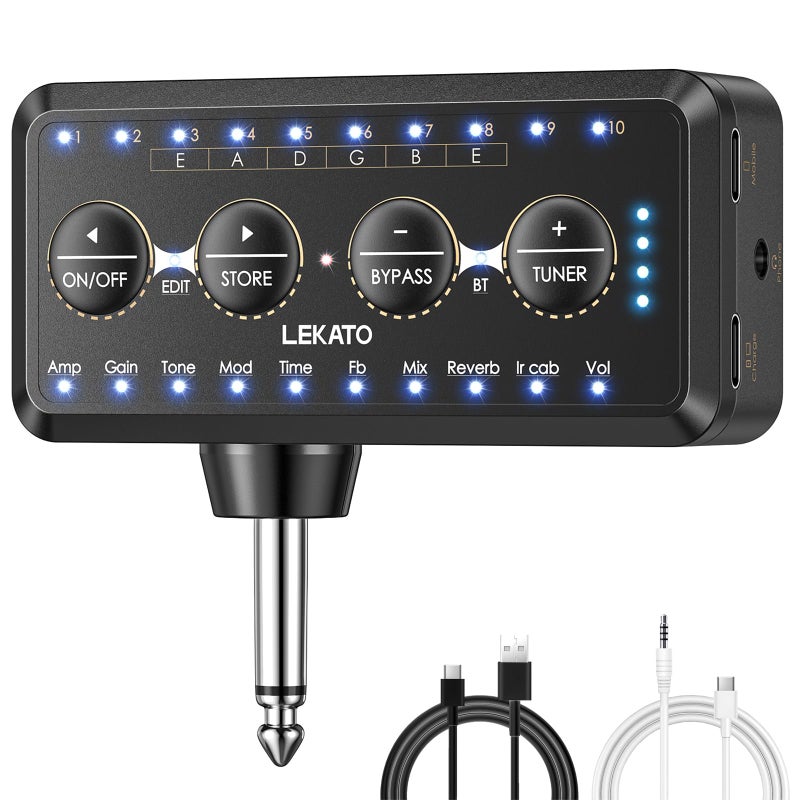 LEKATO Micro Guitar Headphone Amp Bass Guitar Headphone Amplifier with Multi Effects - Amp Models, IR Loading, Tuner, Rechargeable Electric Headphone Amplifier Delay Reverb Chorus Overdrive Portable - Image 1