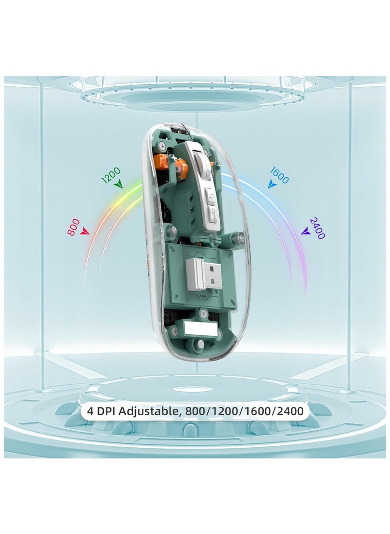 XVersion - Wireless Mouse Rechargeable Crystal Transparent, Gaming Mice Adjustable DPI, Triple 2.4G Mode Switching Bluetooth 2, Silent Mouse for PC Laptops Mac iPhone Android - Green - Image 1