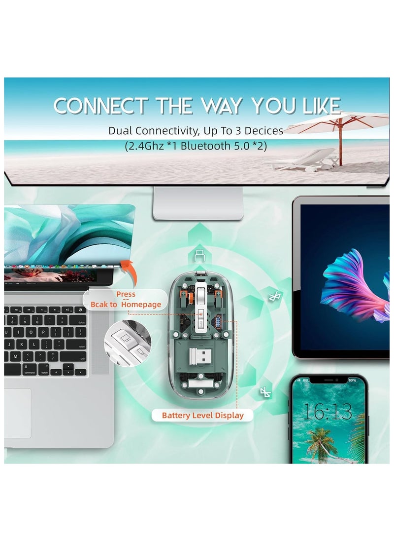XVersion - Wireless Mouse Rechargeable Crystal Transparent, Gaming Mice Adjustable DPI, Triple 2.4G Mode Switching Bluetooth 2, Silent Mouse for PC Laptops Mac iPhone Android - Green - Image 1