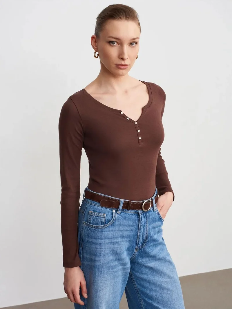 ديلفين Dilvin Slim Fit Cotton Long Sleeve Button Blouse
