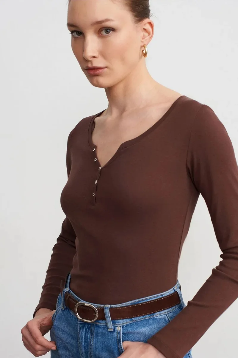 Dilvin Coffee Brown DILVIN Slim Fit Cotton Long Sleeve Button Blouse for Women | Best Price UAE