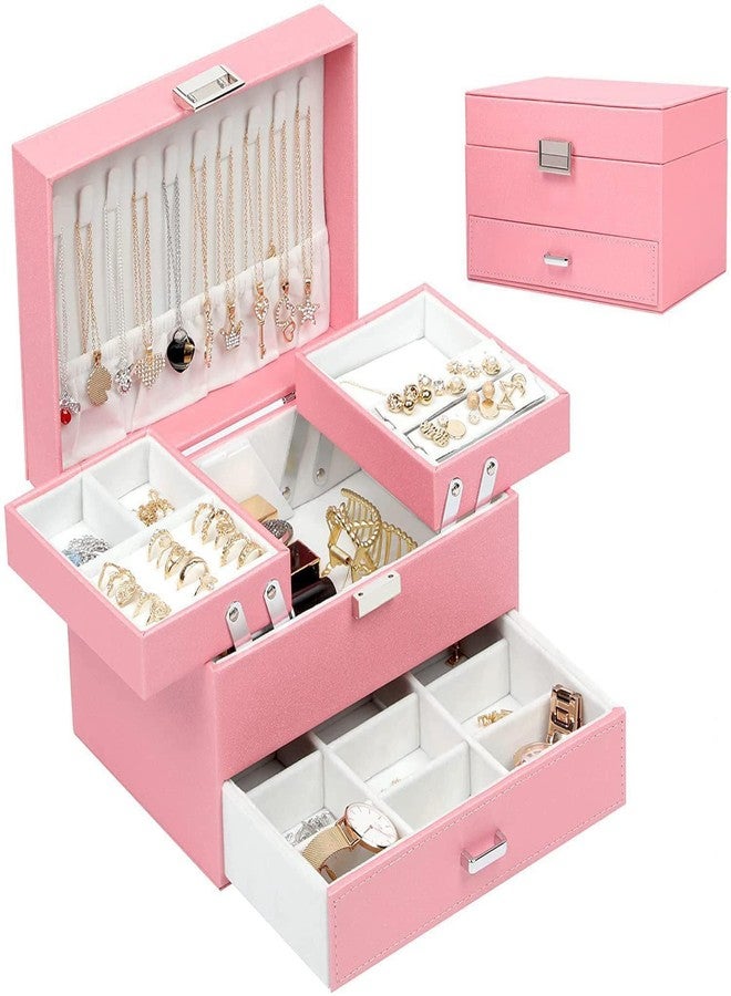 SIBY Pu Leather Jewelry Box Organizer For Women Girls|Two Sided Open Jewelry Display Case For Earrings Bracelets Rings|Makeup Vanity Organizer For Bride|Travel Jewel Necklace Holder, Pink - Image 1