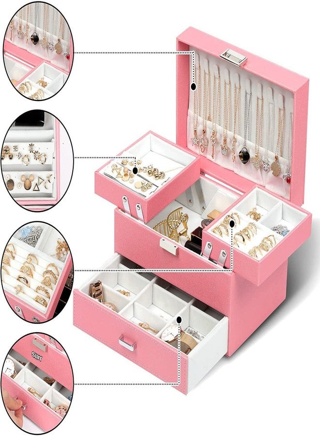 SIBY Pu Leather Jewelry Box Organizer For Women Girls|Two Sided Open Jewelry Display Case For Earrings Bracelets Rings|Makeup Vanity Organizer For Bride|Travel Jewel Necklace Holder, Pink - Image 2