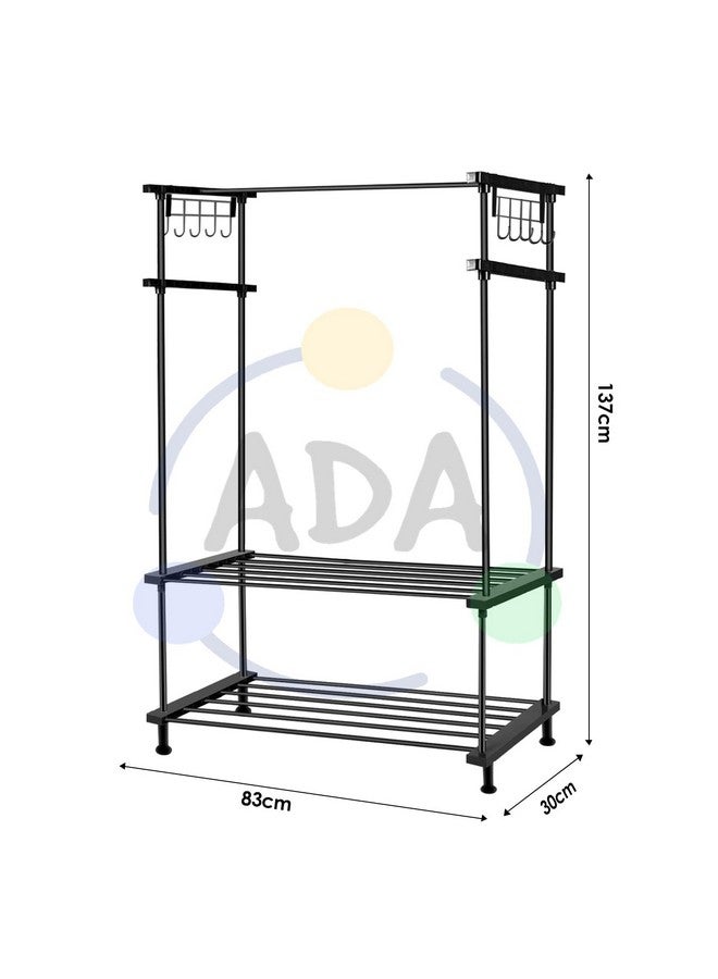ADA ADA® Premium Metal Heavy Duty Drizzle Garment Rack with 10 Side Hooks, Multifunctional 2 Lower Shelves Clothe Rail - Black (84 x 31 x 140cm)  - Image 5