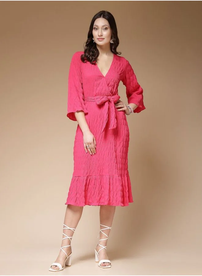 Freehand Women Fit and Flared Casual Solid Wrap Midi Dress