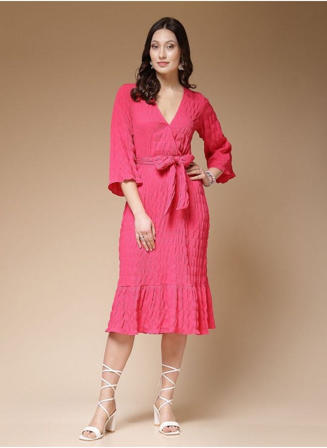 Freehand Women Fit and Flared Casual Solid Wrap Midi Dress  - Image 1