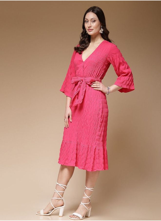 Freehand Women Fit and Flared Casual Solid Wrap Midi Dress  - Image 4