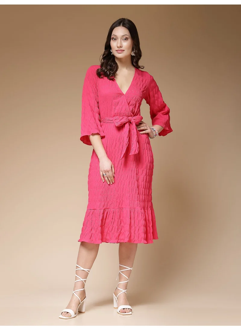 مرفوعة Women Casual Fit And Flare Solid Plain V-Neck Below Knee Wrap Midi Dress