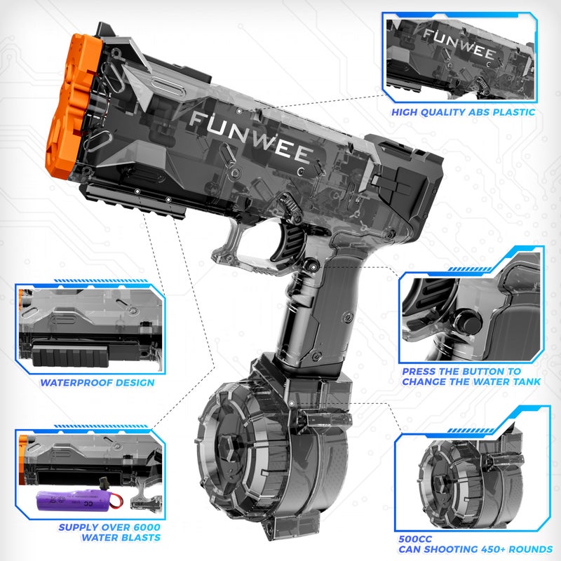 Funwee 2 Pack Electric Water Guns for Kids Adults, Long Range Powerful Water Squirt Gun, Strongest Full Automatic Water Gun Pistol High Capacity 400+ Water Blaster, Summer Outdoor Pool Watergun Toy - Image 3