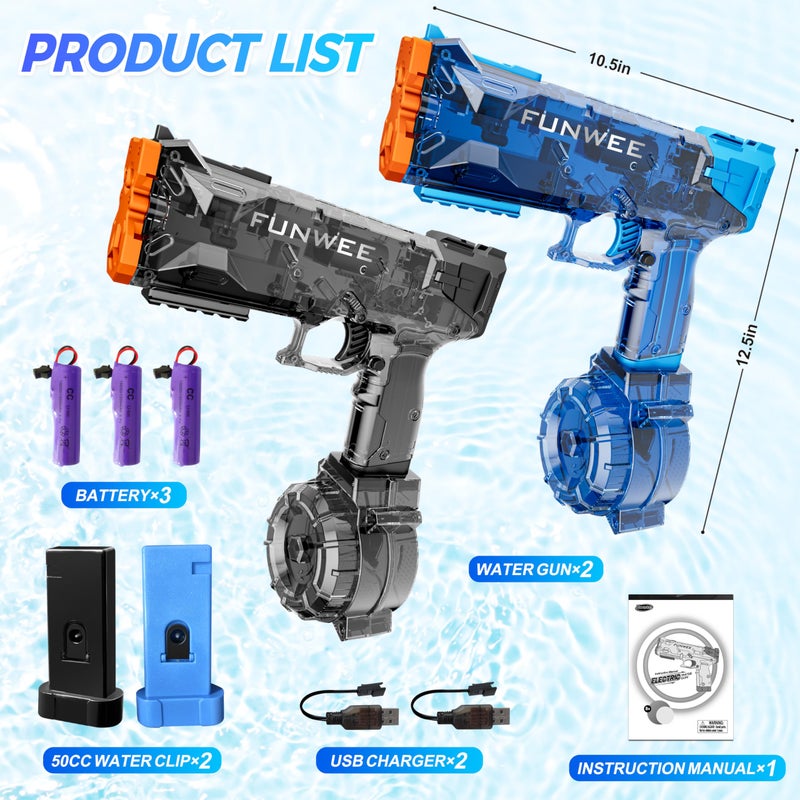 Funwee 2 Pack Electric Water Guns for Kids Adults, Long Range Powerful Water Squirt Gun, Strongest Full Automatic Water Gun Pistol High Capacity 400+ Water Blaster, Summer Outdoor Pool Watergun Toy - Image 5