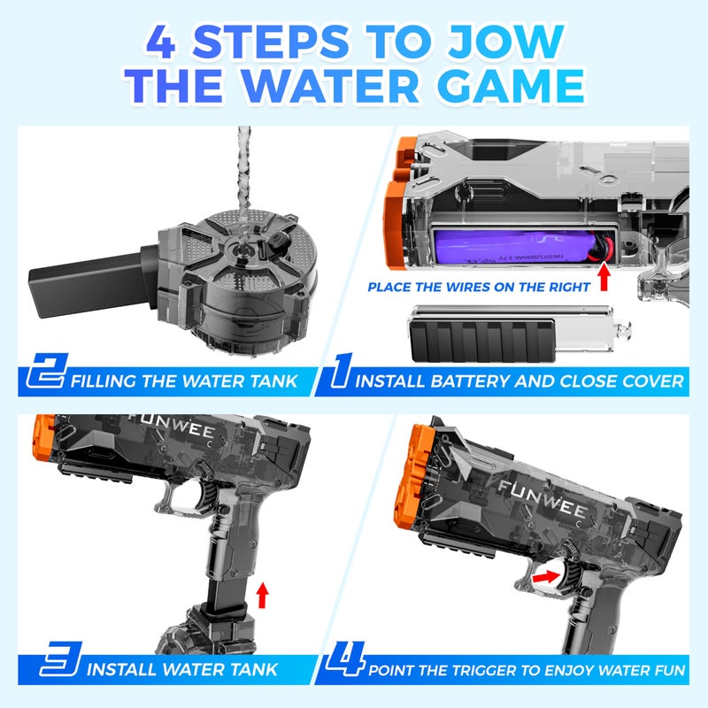 Funwee 2 Pack Electric Water Guns for Kids Adults, Long Range Powerful Water Squirt Gun, Strongest Full Automatic Water Gun Pistol High Capacity 400+ Water Blaster, Summer Outdoor Pool Watergun Toy - Image 4