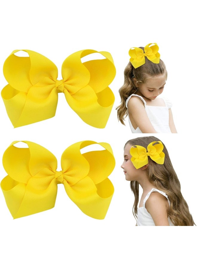DEEKA 2 PCS 6" Big Hand-made Grosgrain Ribbon Solid Color Hair Bows Alligator Clips Hair Accessories for Little Teen Toddler Girls Kids Set of 2 -Yellow - Image 1