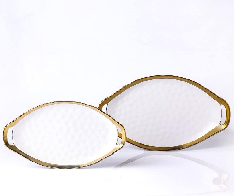Stone Lain Florian Porcelain Large and Medium Oval Platters with Handle Service Set White with Gold Rim - Image 1