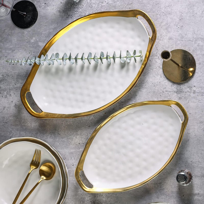Stone Lain Florian Porcelain Large and Medium Oval Platters with Handle Service Set White with Gold Rim - Image 5