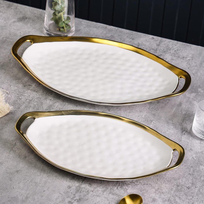 Stone Lain Florian Porcelain Large and Medium Oval Platters with Handle Service Set White with Gold Rim - Image 3