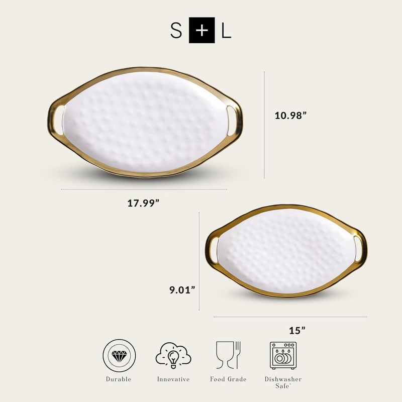 Stone Lain Florian Porcelain Large and Medium Oval Platters with Handle Service Set White with Gold Rim - Image 2