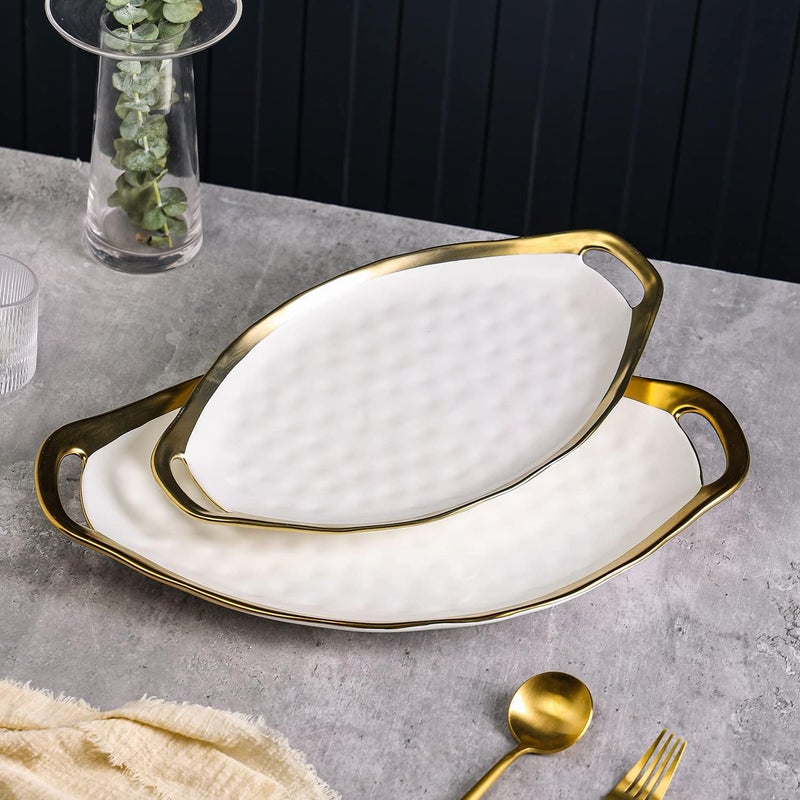 Stone Lain Florian Porcelain Large and Medium Oval Platters with Handle Service Set White with Gold Rim - Image 4
