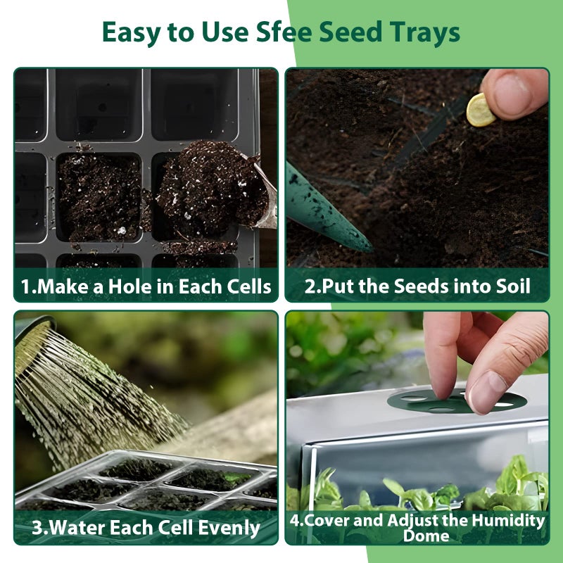 Sfee 5 Pack Seed Starter Tray Kit, 60 Cells Seedling Starter Trays with Humidity Dome and Base Greenhouse Growing Trays, Reusable Seed Germination Seedling Tray with Garden Tools Labels (Green) - Image 5