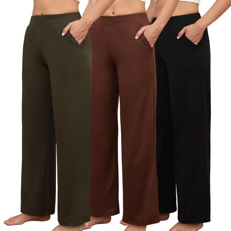 PNAEONG 3 Pack Women's Petite Sweatpants, Casual Wide Leg Pants Loose Fit Lounge Pants with Pocket, Black+Army Green+Dark Brown,L - Image 1