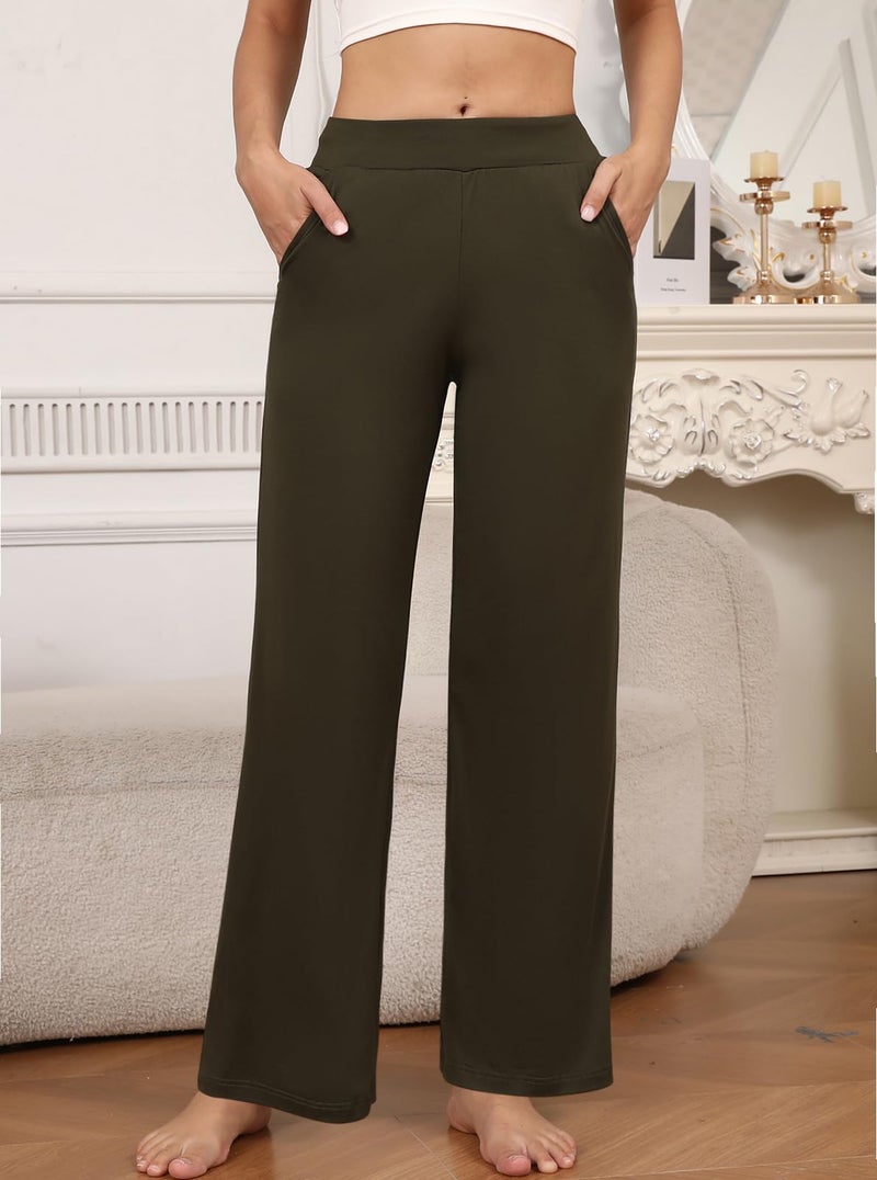 PNAEONG 3 Pack Women's Petite Sweatpants, Casual Wide Leg Pants Loose Fit Lounge Pants with Pocket, Black+Army Green+Dark Brown,L - Image 5