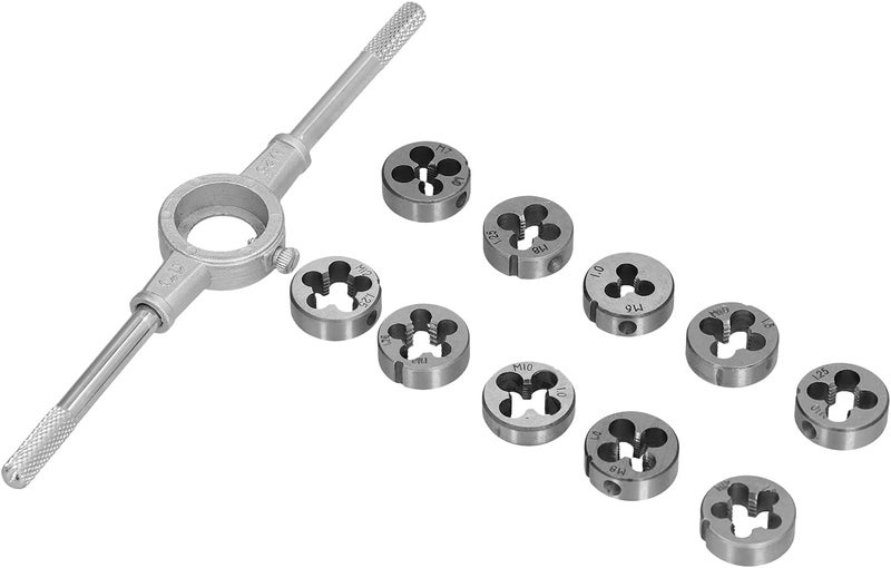 10Pcs Metric Die Set, Bearing Steel Thread Dies Kit with Knurled Handle Wrench, Removable Threading Repair Tools for Male Threads Cutting and Repair, M6 - M12 Sizes - Image 1
