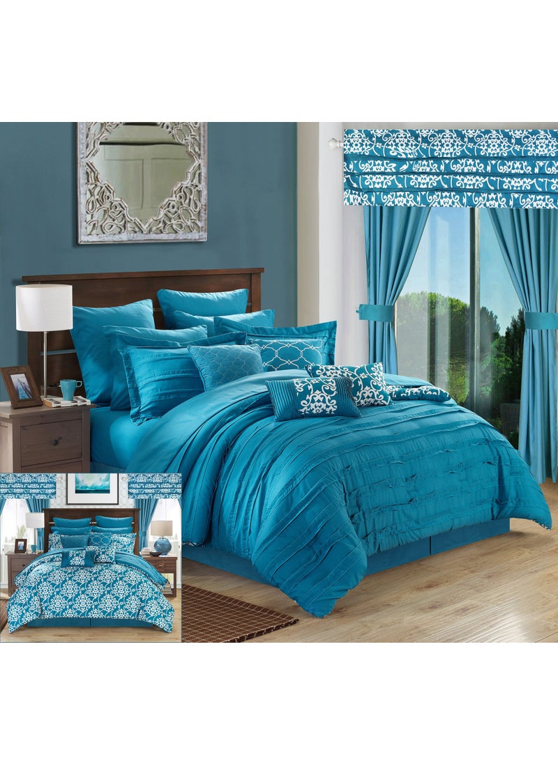 Chic Home Chic Home Hailee Complete Pleated Ruffles and Reversible Printed Bed in a Bag Comforter Set with Window treatement and Sheets Included Queen Teal 