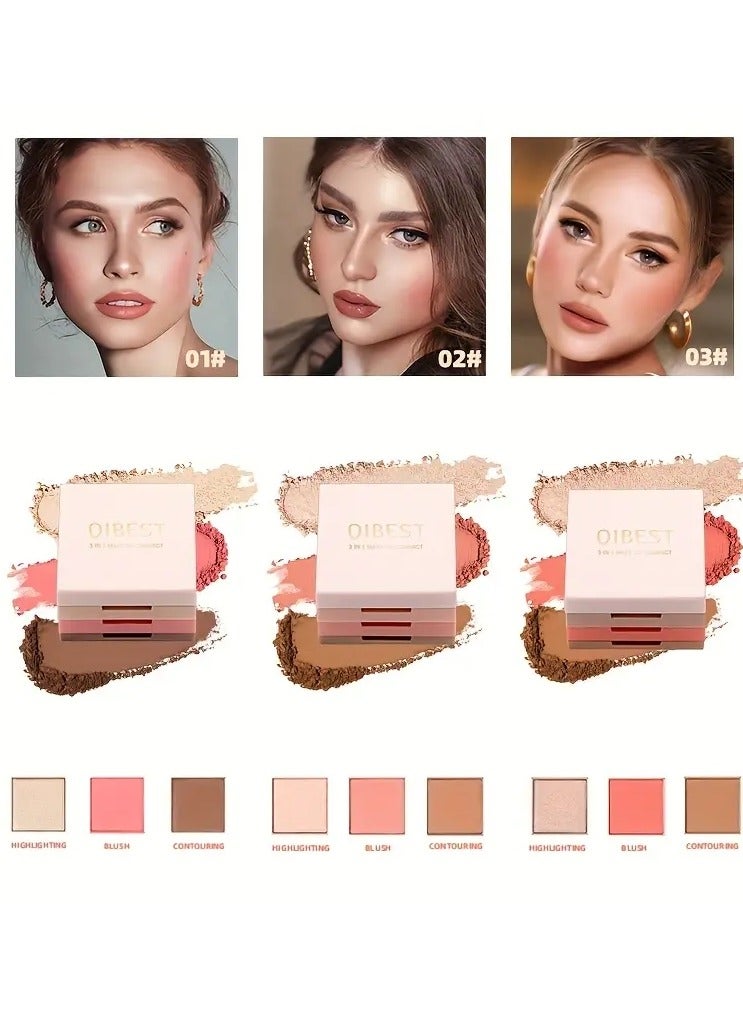 QiBest 3 في 1 مجموعة مكياج الوجه، باليت كونتور، بلشر، هايلايتر، متعددة الاستخدامات، ألوان لإنشاء مظهر مكياج فريد - Image 3